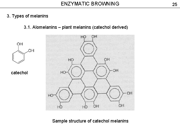 ENZYMATIC BROWNING 3. Types of melanins 3. 1. Alomelanins – plant melanins (catechol derived)