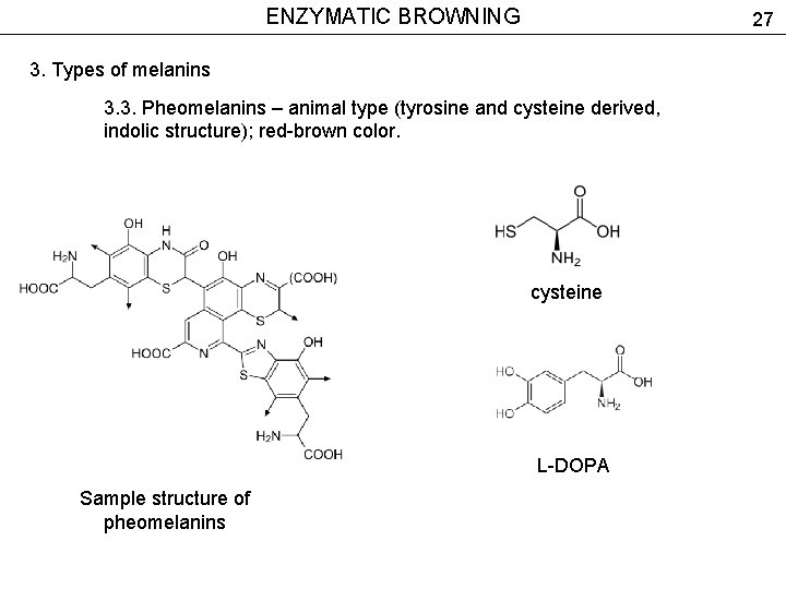 ENZYMATIC BROWNING 27 3. Types of melanins 3. 3. Pheomelanins – animal type (tyrosine
