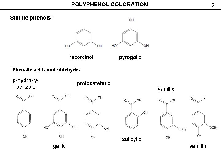 POLYPHENOL COLORATION 2 Simple phenols: resorcinol pyrogallol Phenolic acids and aldehydes р-hydroxybenzoic protocatehuic vanillic