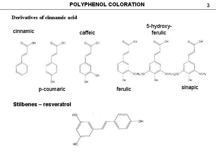 POLYPHENOL COLORATION 3 Derivatives of cinnamic acid cinnamic 5 -hydroxyferulic caffeic р-coumaric Stilbenes –