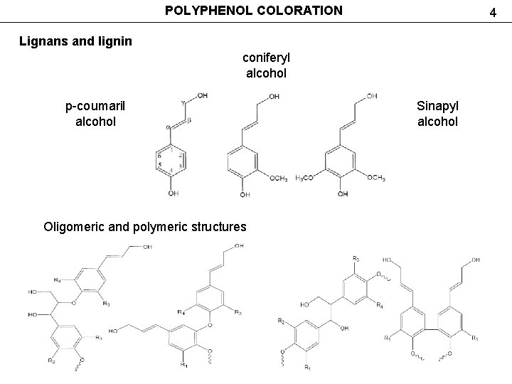POLYPHENOL COLORATION 4 Lignans and lignin coniferyl alcohol р-coumaril alcohol Oligomeric and polymeric structures