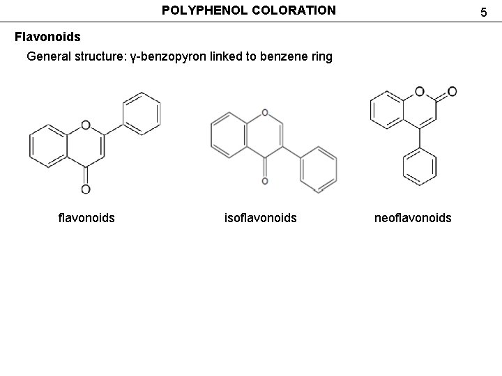 POLYPHENOL COLORATION 5 Flavonoids General structure: γ-benzopyron linked to benzene ring flavonoids isoflavonoids neoflavonoids