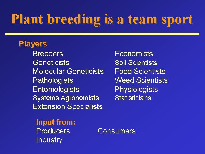 Plant breeding is a team sport Players Breeders Geneticists Molecular Geneticists Pathologists Entomologists Economists