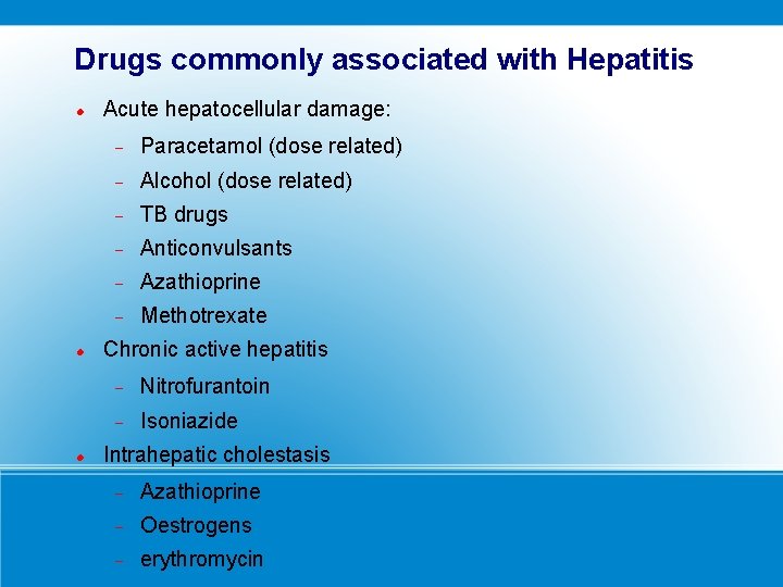 Drugs commonly associated with Hepatitis Acute hepatocellular damage: Paracetamol (dose related) Alcohol (dose related)