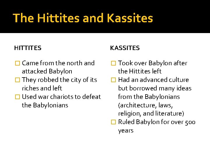 The Hittites and Kassites HITTITES KASSITES � Came from the north and � Took