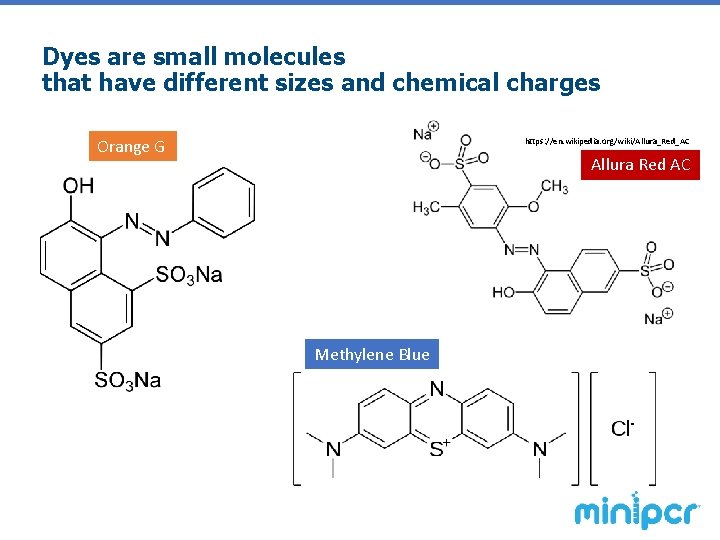 Dyes are small molecules that have different sizes and chemical charges Orange G https: