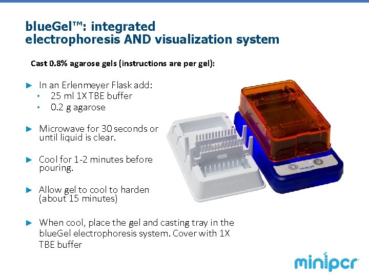 blue. Gel™: integrated electrophoresis AND visualization system Cast 0. 8% agarose gels (instructions are