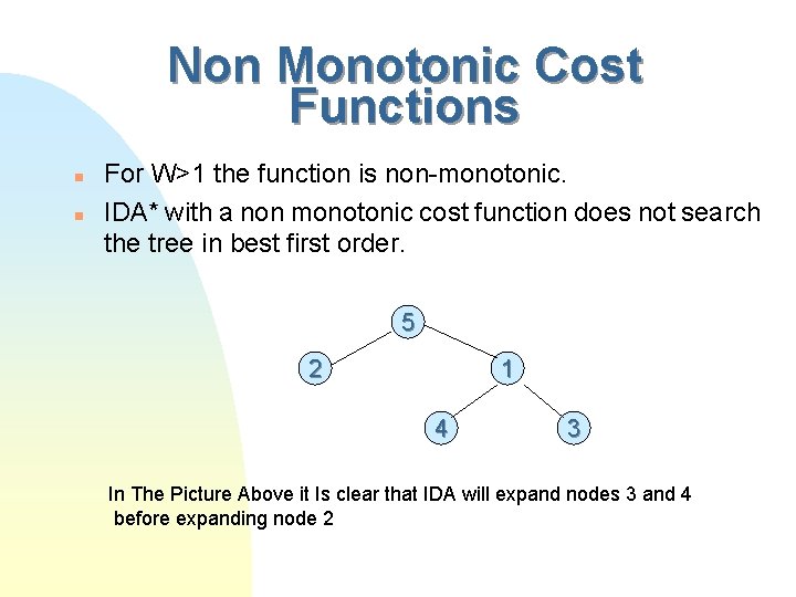 Non Monotonic Cost Functions n n For W>1 the function is non-monotonic. IDA* with