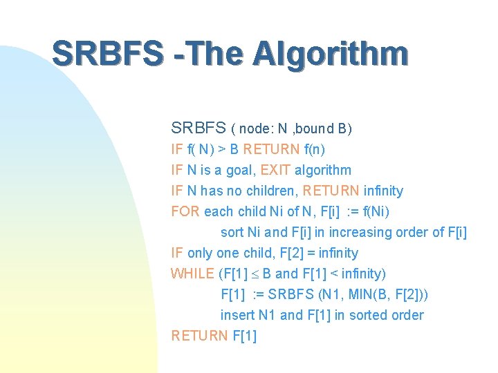 SRBFS -The Algorithm SRBFS ( node: N , bound B) IF f( N) >