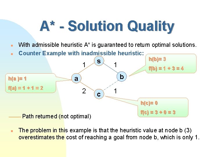 A* - Solution Quality n n With admissible heuristic A* is guaranteed to return