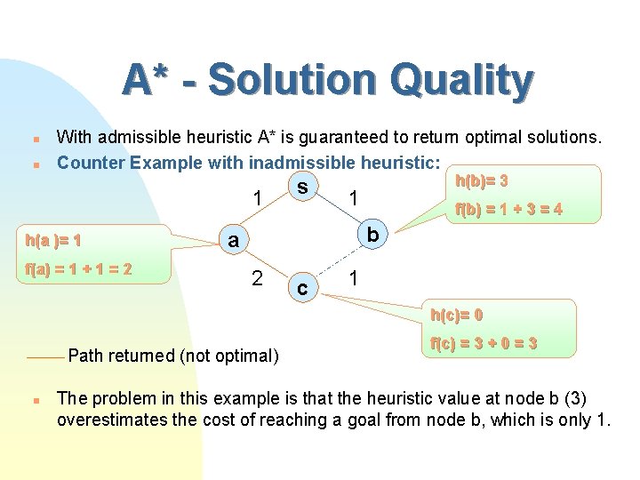 A* - Solution Quality n n With admissible heuristic A* is guaranteed to return