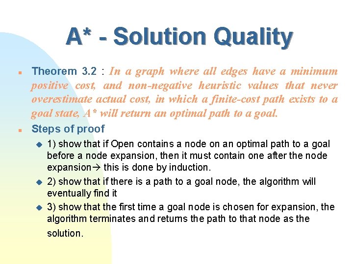 A* - Solution Quality n Theorem 3. 2 : In a graph where all