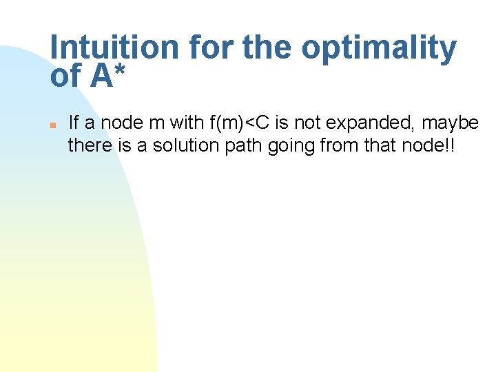 Intuition for the optimality of A* n If a node m with f(m)<C is