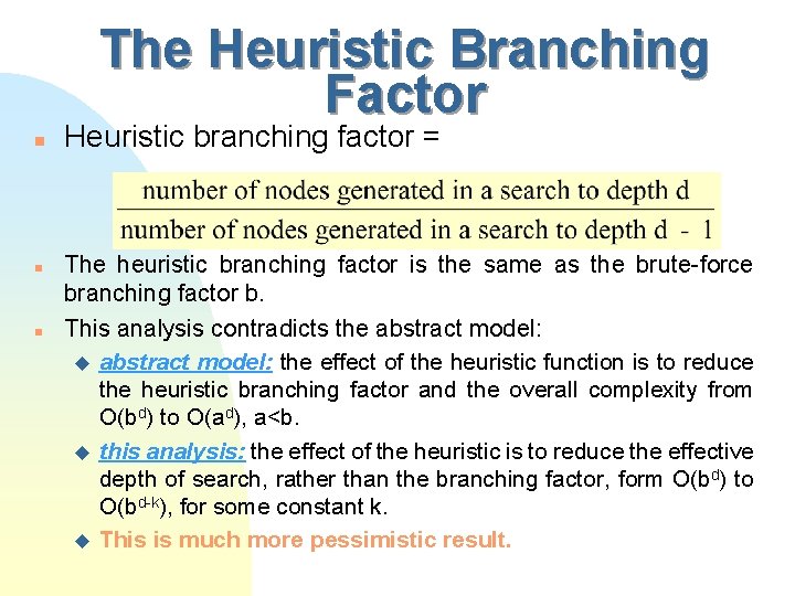 The Heuristic Branching Factor n n n Heuristic branching factor = The heuristic branching