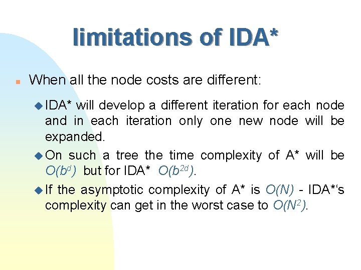 limitations of IDA* n When all the node costs are different: u IDA* will