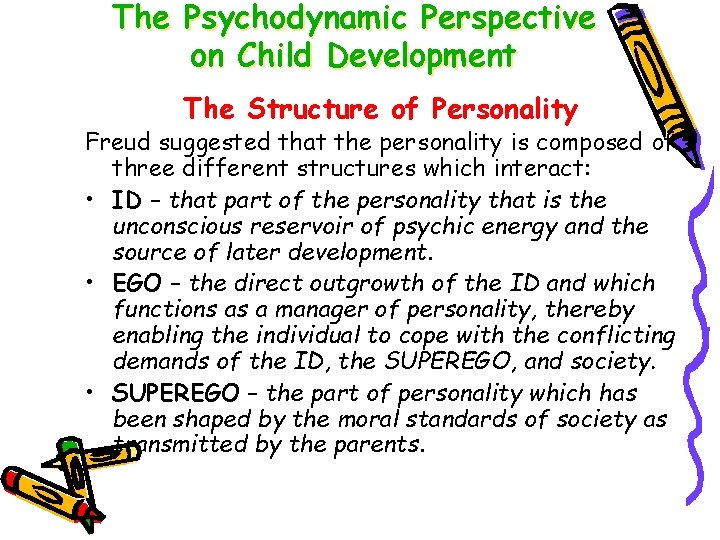The Psychodynamic Perspective on Child Development The Structure of Personality Freud suggested that the
