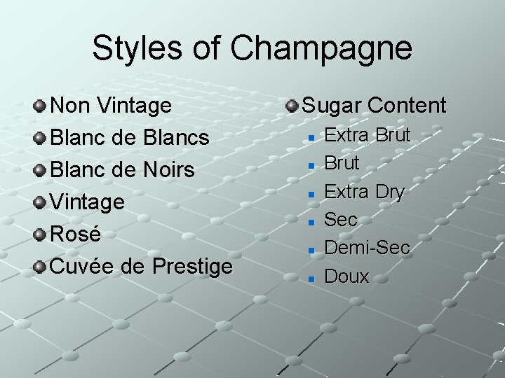 Styles of Champagne Non Vintage Blanc de Blancs Blanc de Noirs Vintage Rosé Cuvée