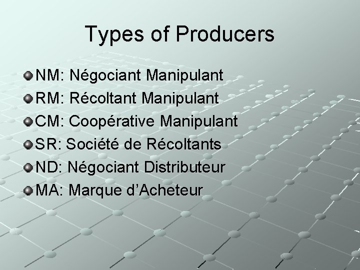 Types of Producers NM: Négociant Manipulant RM: Récoltant Manipulant CM: Coopérative Manipulant SR: Société