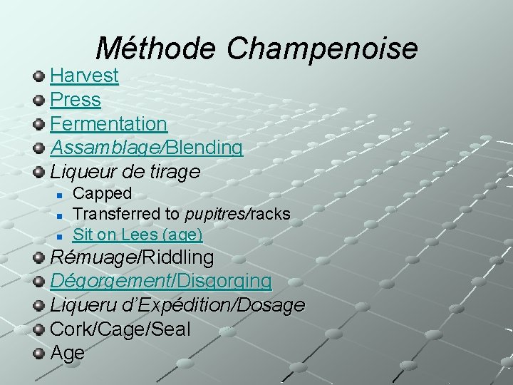 Méthode Champenoise Harvest Press Fermentation Assamblage/Blending Liqueur de tirage n n n Capped Transferred