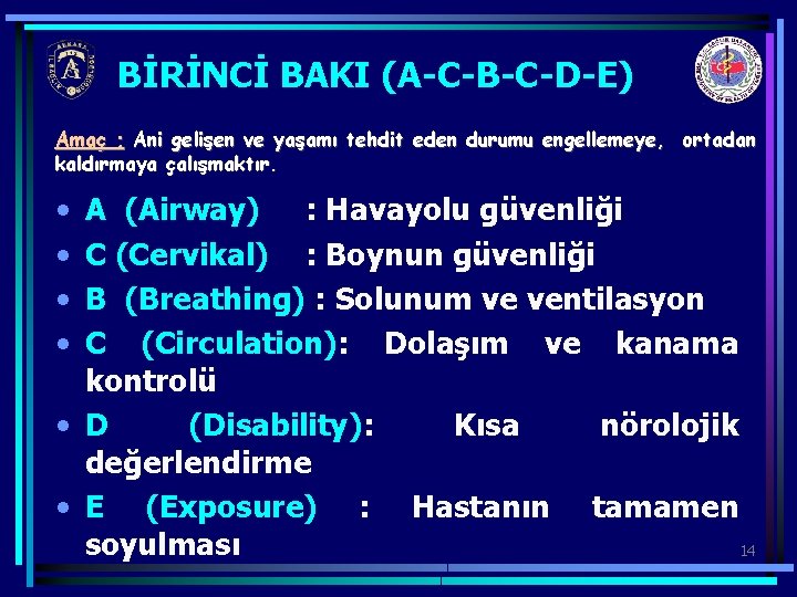BİRİNCİ BAKI (A-C-B-C-D-E) Amaç ; Ani gelişen ve yaşamı tehdit eden durumu engellemeye, ortadan