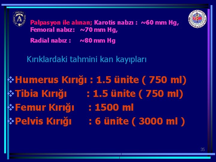 Palpasyon ile alınan; Karotis nabzı : ~60 mm Hg, Femoral nabız: ~70 mm Hg,