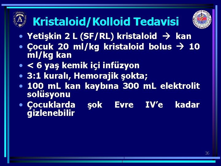 Kristaloid/Kolloid Tedavisi • Yetişkin 2 L (SF/RL) kristaloid kan • Çocuk 20 ml/kg kristaloid