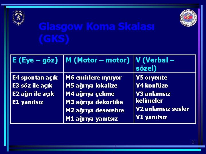 Glasgow Koma Skalası (GKS) E (Eye – göz) M (Motor – motor) V (Verbal