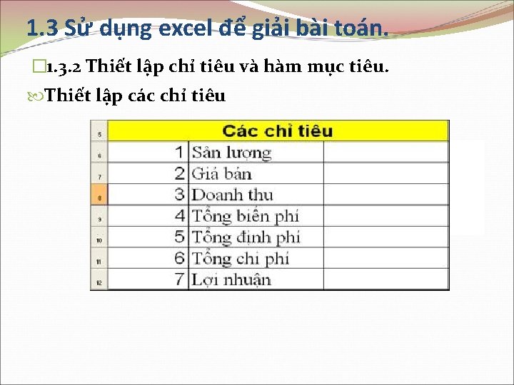 1. 3 Sử dụng excel để giải bài toán. � 1. 3. 2 Thiết