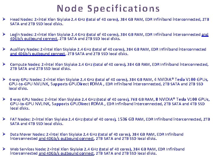 Node Specifications Ø Head Nodes: 2×intel Xion Skylake 2. 4 GHz (total of 40