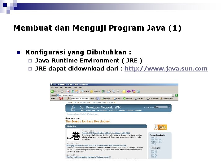 Membuat dan Menguji Program Java (1) n Konfigurasi yang Dibutuhkan : Java Runtime Environment