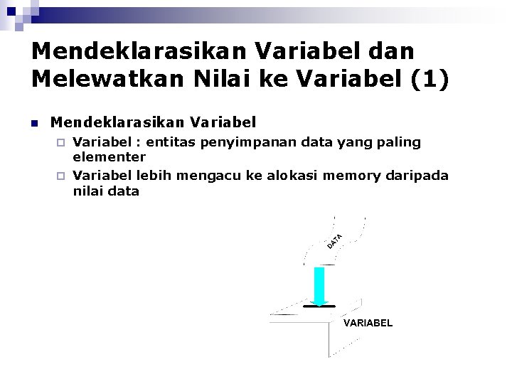 Mendeklarasikan Variabel dan Melewatkan Nilai ke Variabel (1) n Mendeklarasikan Variabel : entitas penyimpanan