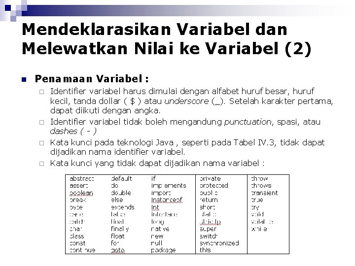 Mendeklarasikan Variabel dan Melewatkan Nilai ke Variabel (2) n Penamaan Variabel : Identifier variabel