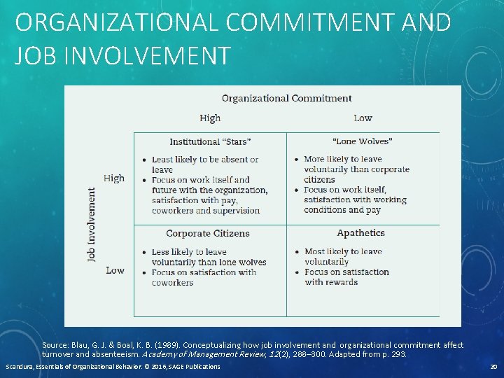 ORGANIZATIONAL COMMITMENT AND JOB INVOLVEMENT Source: Blau, G. J. & Boal, K. B. (1989).