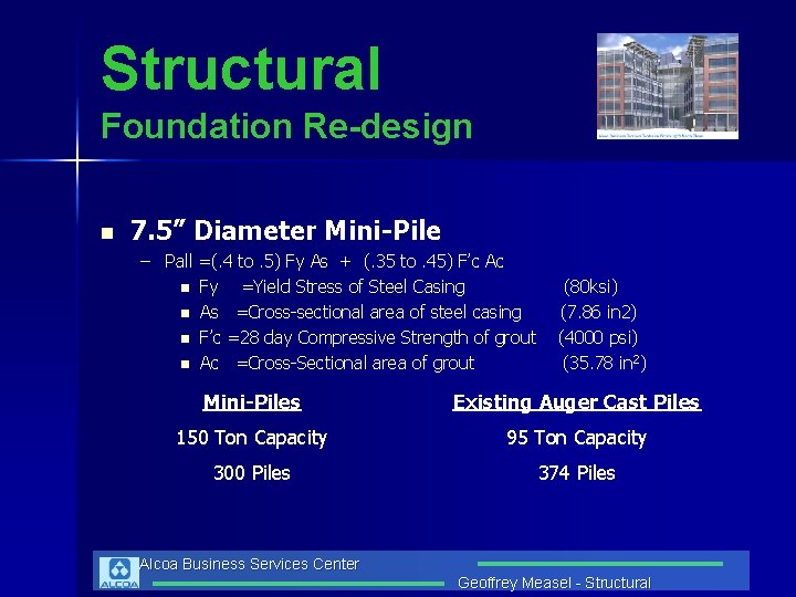 Structural Foundation Re-design n 7. 5” Diameter Mini-Pile – Pall =(. 4 to. 5)