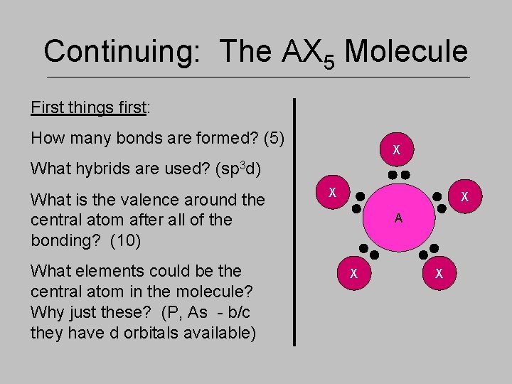 Continuing: The AX 5 Molecule First things first: How many bonds are formed? (5)
