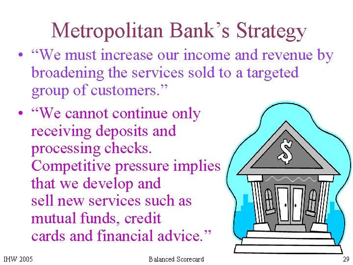Metropolitan Bank’s Strategy • “We must increase our income and revenue by broadening the