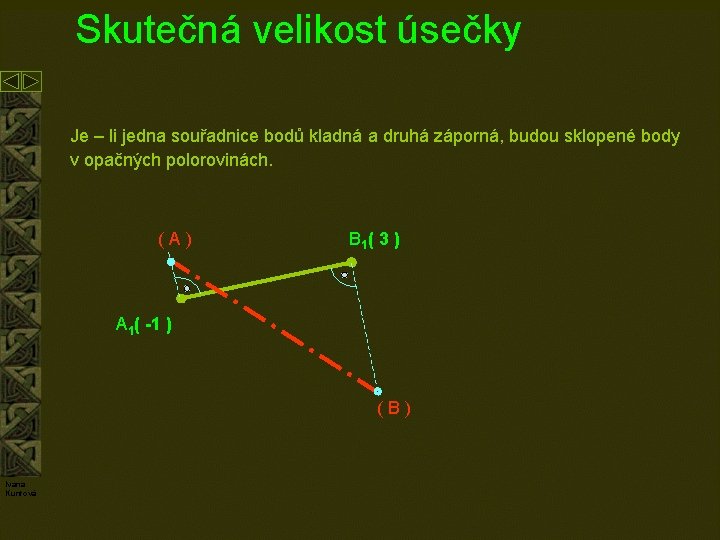 Skutečná velikost úsečky Je – li jedna souřadnice bodů kladná a druhá záporná, budou