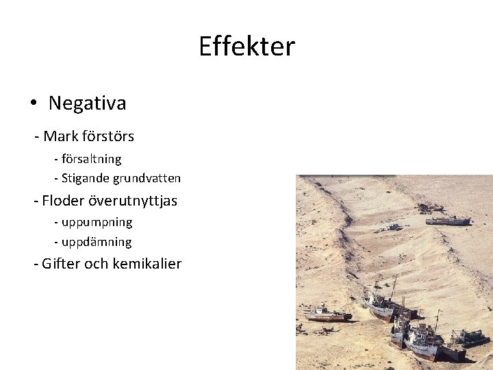 Effekter • Negativa - Mark förstörs - försaltning - Stigande grundvatten - Floder överutnyttjas