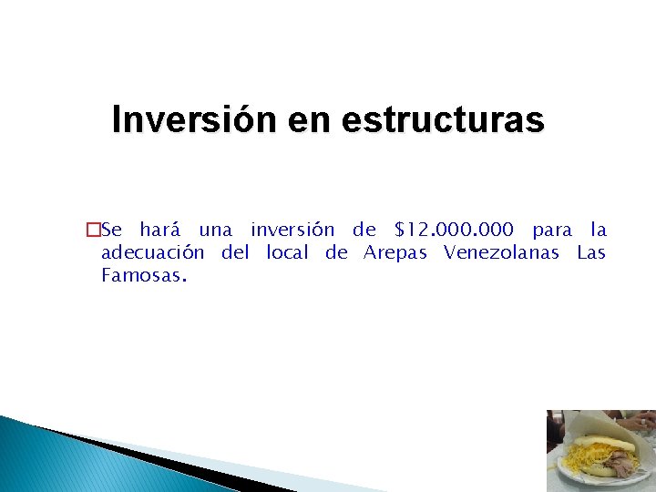 Inversión en estructuras �Se hará una inversión de $12. 000 para la adecuación del