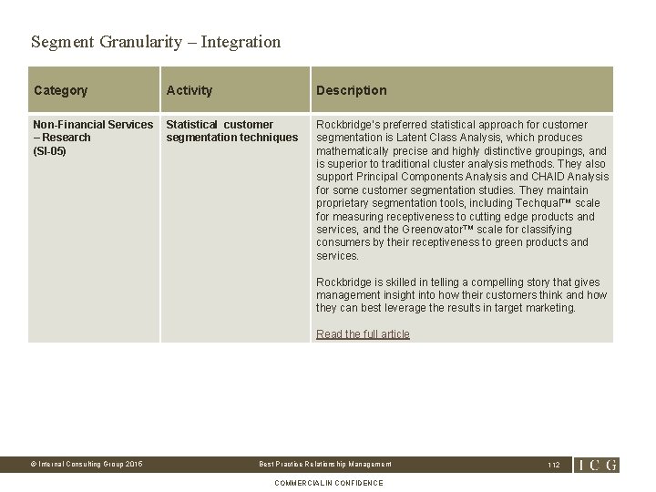Segment Granularity – Integration Category Activity Description Non-Financial Services – Research (SI-05) Statistical customer