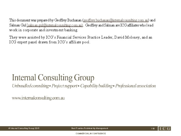 This document was prepared by Geoffrey Buchanan (geoffrey. buchanan@internalconsulting. com. au) and Salman Gul