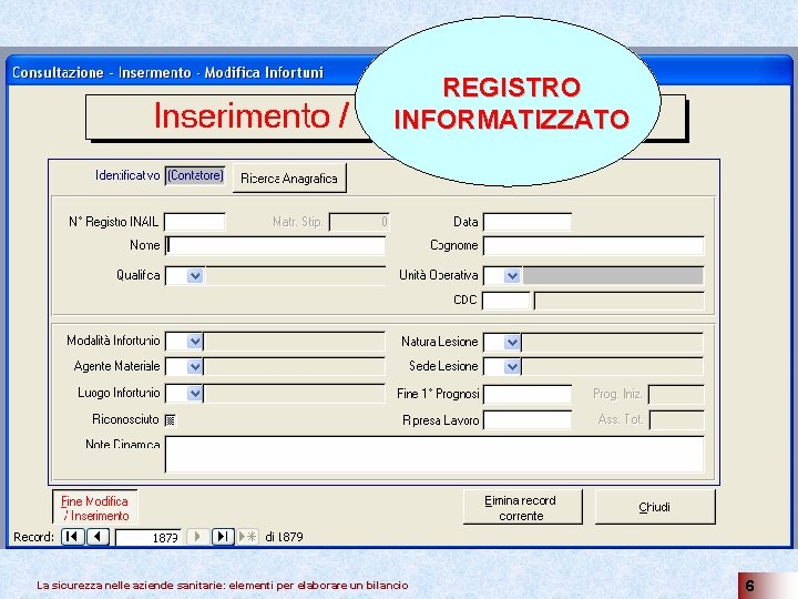 REGISTRO INFORMATIZZATO La sicurezza nelle aziende sanitarie: elementi per elaborare un bilancio 6 