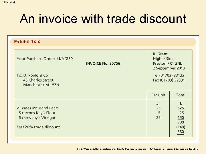 Slide 14. 15 An invoice with trade discount Frank Wood and Alan Sangster ,