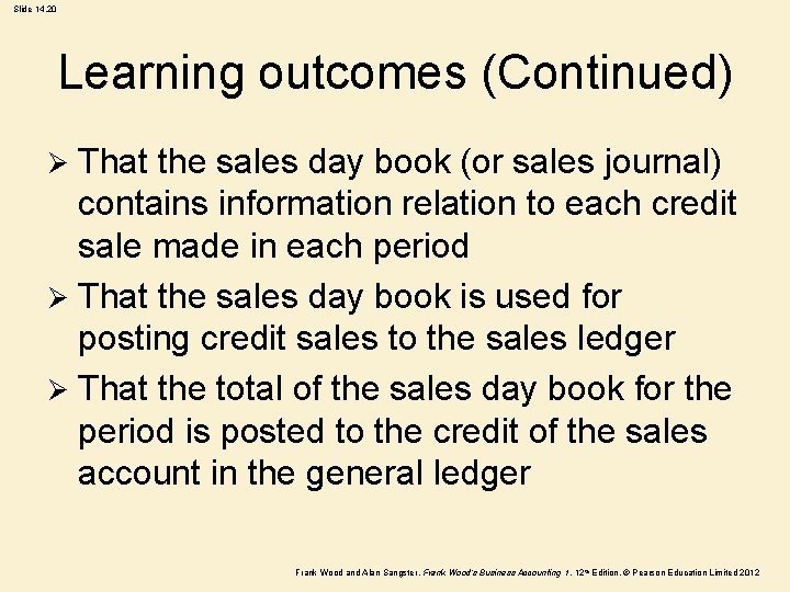 Slide 14. 20 Learning outcomes (Continued) That the sales day book (or sales journal)