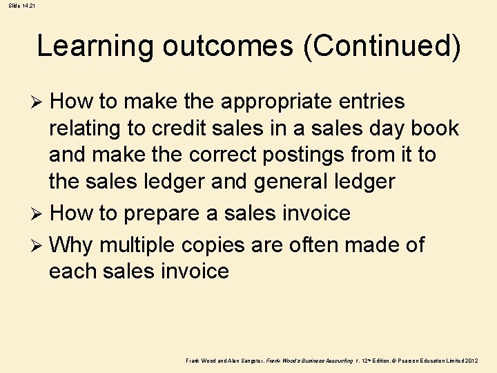 Slide 14. 21 Learning outcomes (Continued) How to make the appropriate entries relating to