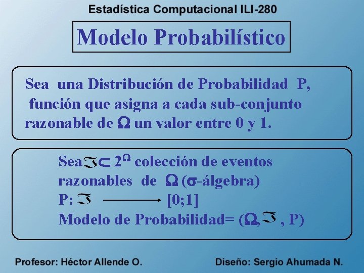 Modelo Probabilístico Sea una Distribución de Probabilidad P, función que asigna a cada sub-conjunto
