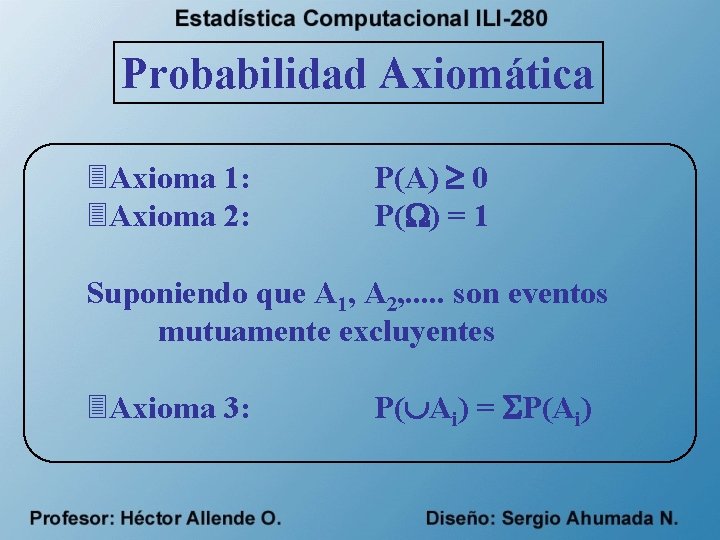 Probabilidad Axiomática 3 Axioma 1: 3 Axioma 2: P(A) 0 P( ) = 1