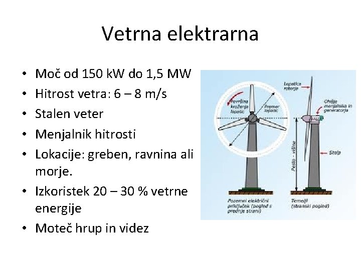 Vetrna elektrarna Moč od 150 k. W do 1, 5 MW Hitrost vetra: 6