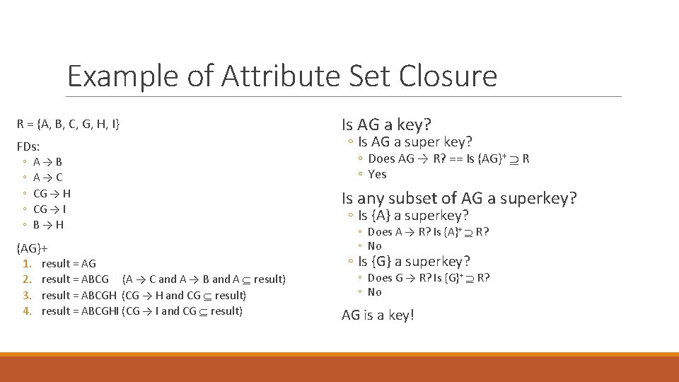 Example of Attribute Set Closure R = {A, B, C, G, H, I} FDs: