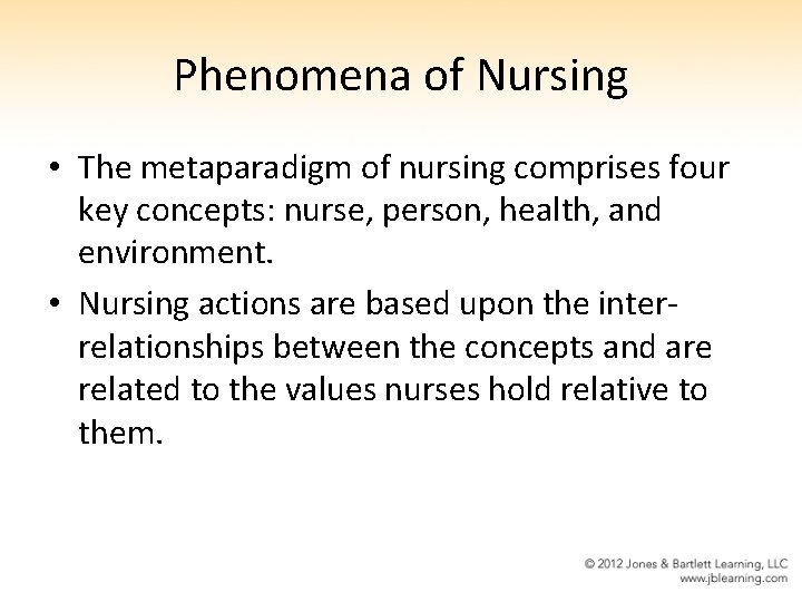 Phenomena of Nursing • The metaparadigm of nursing comprises four key concepts: nurse, person,